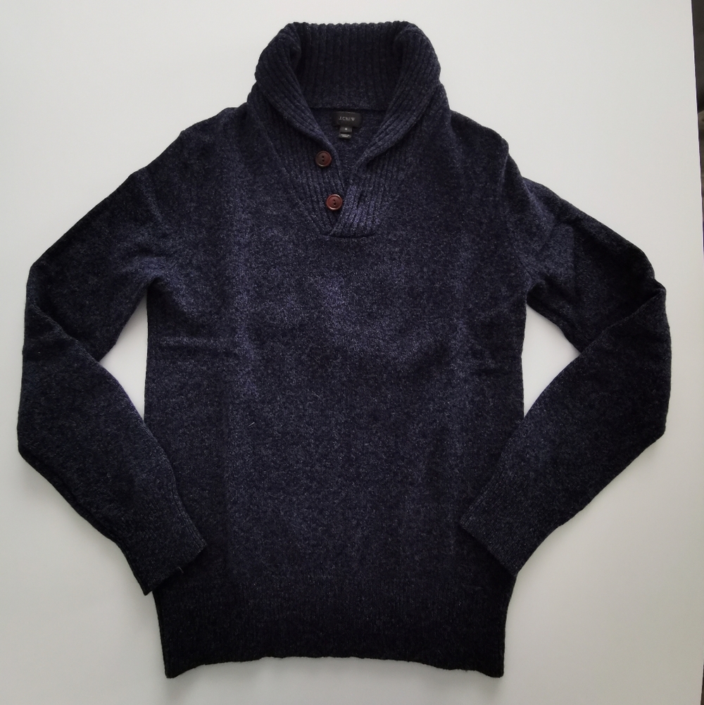 100% Lambswool J. Crew Navy Quarter Button Up Roll Neck Collar Sweater